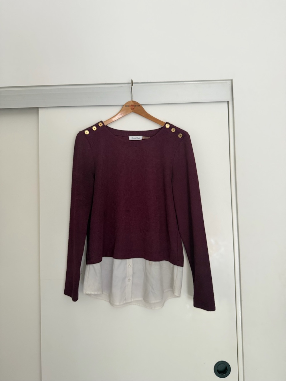 Calvin Klein Plum Layered Hem Sweater with Gold Buttons